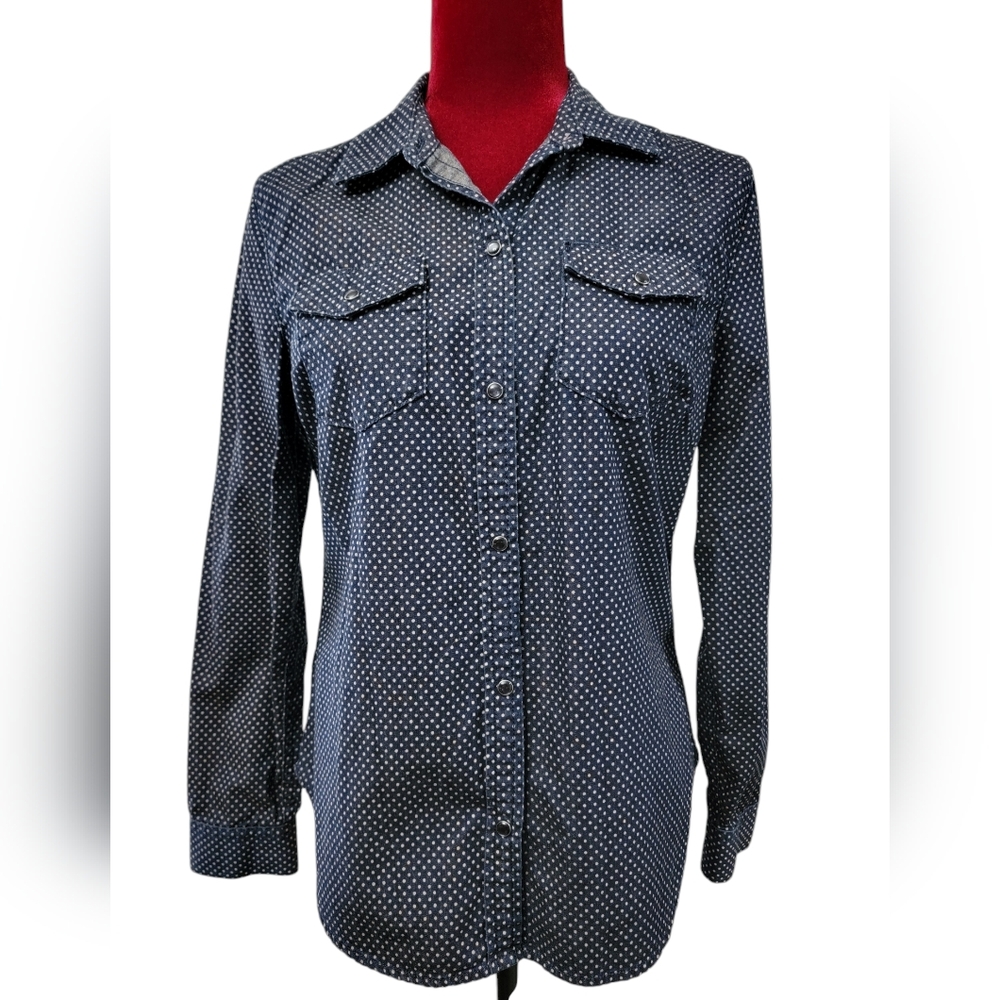 Gap 1969 long sleeve polka dot chambray top size XS